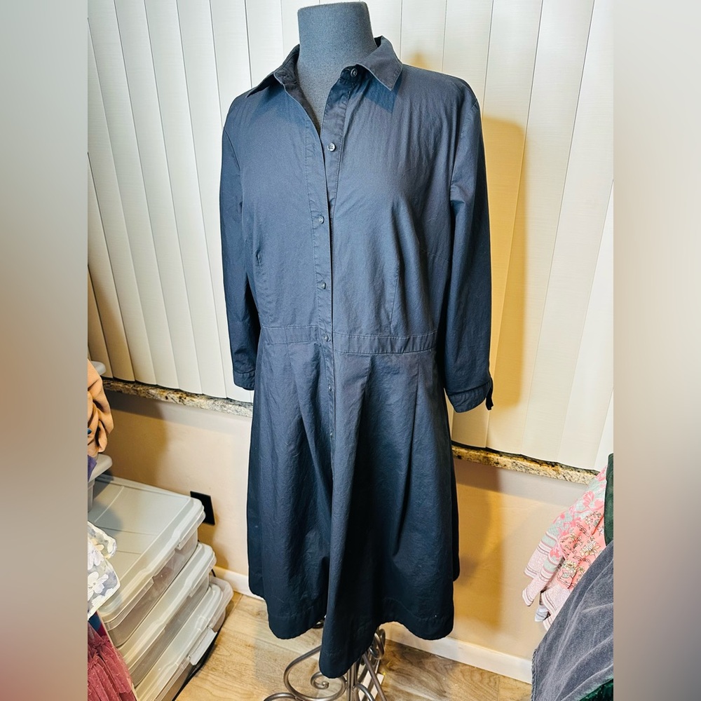 Talbots 100% Cotton Black Long Sleeve  Midi Poplin Shirtdress Size 14